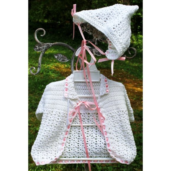 Handmade Crochet Baby Cardigan Sweater Bonnet Hat Pink Satin Ribbon Newborn - Picture 1 of 8